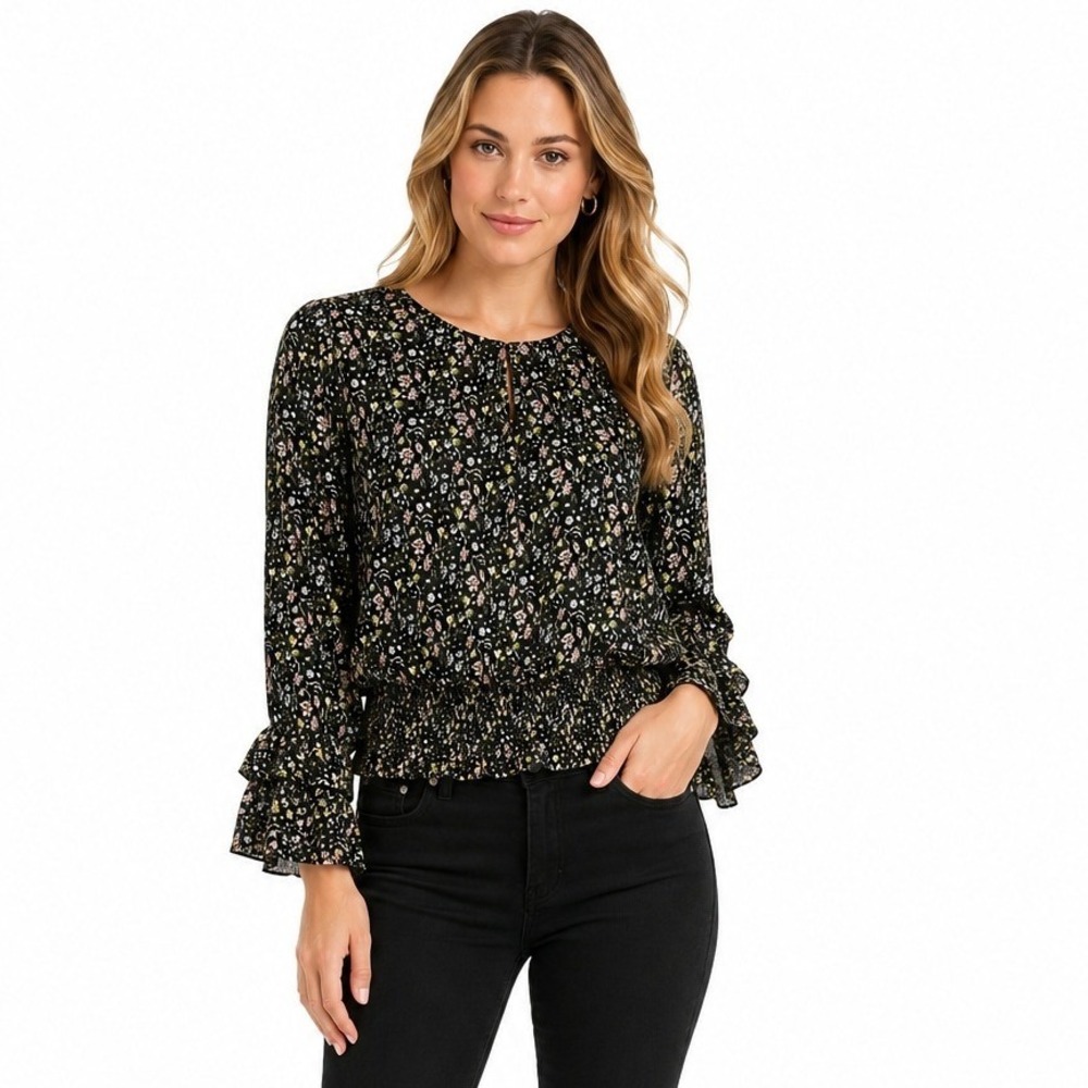 Philosophy Floral Blouse Women Size M Black Boho Smocked Hem Ruffle Sleeve